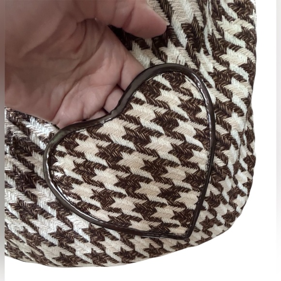 Vintage Houndstooth Fashion Express Brown Cream Satchel Bag Purse Heart Pocket - Picture 2 of 14